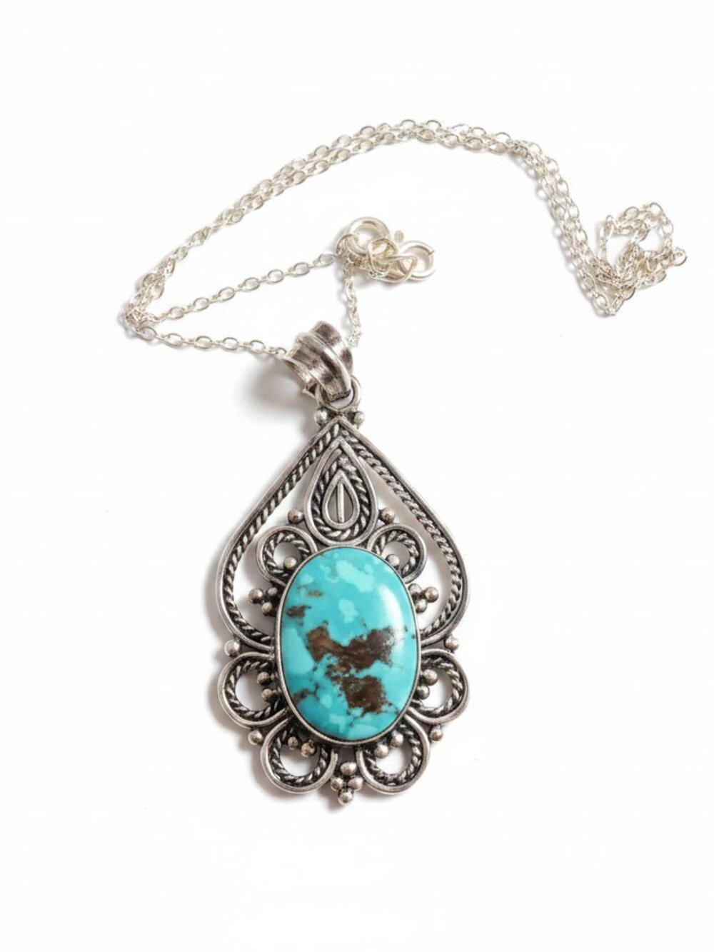 925 Sterling Silver Asian Turquoise Filigree Teardrop Pendant Necklace